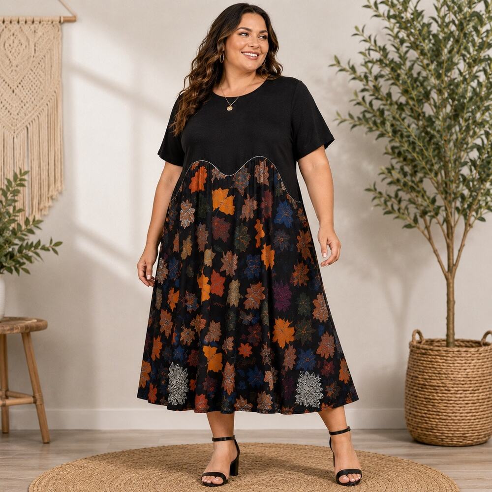 Black Floral Patchwork Boho Cottagecore Abstract Print Midi Dress Sz 3XL
